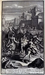 Patroklos wurde getötet und seiner Waffen beraubt, und die beiden Parteien kämpften lange um seinen Körper. Schließlich nahmen die Griechen ihn mit, während die beiden Ajax tapfer den Angriff der Trojaner abwehrten. Illustration aus Buch XVII der Ilias