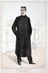 Friedensoffizier, Winterkleidung (Lepine-Periode). Farbradierung zur Illustration „Histoire du corps des gardiens de la paix“, Buch veröffentlicht unter der Schirmherrschaft von Louis Lepine (1846-1933), Polizeipräfekt der Seine, von Alfred Rey (1864-?) un