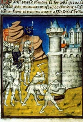 Philipp II August (1165-1223) in Chinon - Miniatur in „Grandes Chroniques de Saint-Denis“, Ende des 14. Jahrhunderts. (ref. 512, 237r) Genehmigung der Stadtbibliothek Toulouse erforderlich (tel: 05 62 27 66 66)