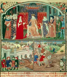 Philipp der Schöne (1268-1314) mit Pflügszene und Händlerszene. Miniatur in „Livre du régime des princes“ von Gilles de Rome (ca. 1247-1316), Paris, B N