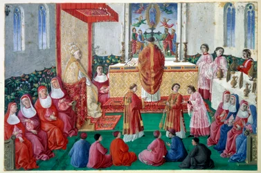 Papst Sixtus IV. besucht die Messe in der Sixtinischen Kapelle im Vatikan