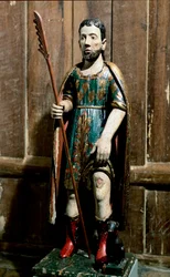 Volkskunst: „Heiliger Rochus“ Der Heilige trägt das Beulenpestgeschwür am Bein. Anonyme Skulptur aus dem 18. Jahrhundert. Sao Paulo, Kunstmuseum