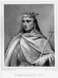 Porträt von Chilperich II (? - 755), König der Franken, erster der Karolinger - in „Histoire des Français“ von Lavallée, Gravur, sd