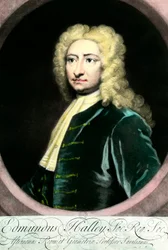 Porträt von Edmond Halley, britischer Astronom. Gravur des 18. Jahrhunderts