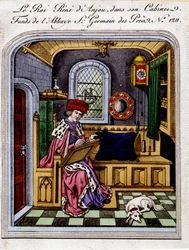 Porträt von König René von Anjou (1409-1480), auch René I. von Neapel oder René von Sizilien genannt, in seinem Kabinett - Gravur nach einer Miniatur