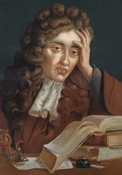 Porträt von Robert Boyle (1627-1691), irischer Physiker und Chemiker. basierend auf „La Ciencia y sus Hombres“ von Louis Figuier. Barcelona 1881