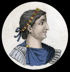 Porträt von Theodosius I. (Flavius Theodosius) (347-395), römischer Kaiser, Stich aus dem 19. Jahrhundert
