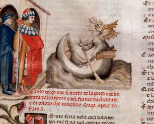 Porträt des italienischen Dichters Dante Alighieri, der Charon und sein Boot beobachtet, wie sie die Seelen über den Acheron bringen (Gesang 3 aus der Hölle, in der Göttlichen Komödie) - Miniatur 15. Jahrhundert