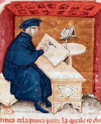 Porträt des italienischen Dichters Dante Alighieri, der seine Divina Commedia schreibt - Miniatur