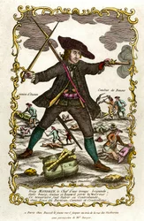 Porträt des französischen Banditen Louis Mandrin (ca. 1725-1755). Hinter ihm, Autuns Aktion und Baunes Kampf. Gravur des 18. Jahrhunderts. Private Sammlung
