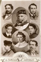 Porträt des Patrioten und Helden des Risorgimento Giuseppe Garibaldi (1807-1882) und seiner Familienangehörigen: Menotti, Ricciotti und Teresita, Kinder von Anita; Stefano Canzio, Ehemann von Teresita; Francesca Armosino, seine dritte Ehefrau, und ihre