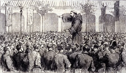 Predigt eines Kapuzinermönchs an die Pilger, die nach Lourdes in die Hohen Pyrenäen kamen, wo die Jungfrau Maria 1858 Bernadette Soubirous (1844-1879) erschien, heute ein Wallfahrtsort. Gravur von 1877