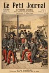 Vorbereitung auf Manöver im Schnee: Statt Brillen mit Rauchgläsern zu tragen, sind die Soldaten mit schwarzem Ruß umrandet. Stich in „Le Petit Journal“, 17/03/1895. Sammlung Selva.