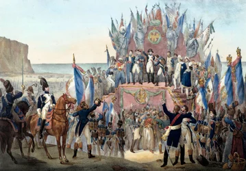 Verleihung der Ehrenlegion durch Napoleon Bonaparte im Tal von Terlincthum in Boulogne (16. August 1804) Gravur - Paris, Musée de l
