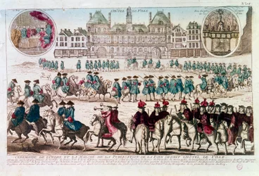 Prozession anlässlich der Friedensverkündungszeremonie vor dem Rathaus (Place de Grève). Gravur des 18. Jahrhunderts. B.N. Paris