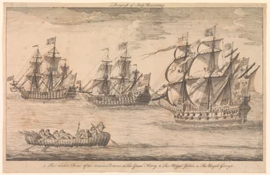 Fortschritt des Schiffbaus. 1. Das Weidenboot der alten Briten 2. Die Great Harry 3. Die Royal James 4. Die Royal George