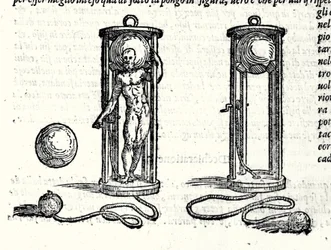 Projekt des ersten Tauchanzugs von Nicoli Fontana, bekannt als Tartaglia (1499 - 1557) im Jahr 1551. Gravur 16. Jahrhundert.