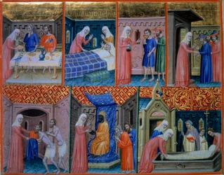 Psalm 88: Nächstenliebe. Frau bedient zwei Arme am Tisch, besucht einen Kranken, gibt zwei Gefangenen zu trinken, empfängt Reisende, gibt Kleidung, kauft Gefangene und begräbt einen Toten. Miniatur im 