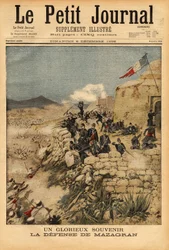 Erinnerung an die Verteidigung von Mazagran, Schlacht vom 3. bis 6. Februar 1840, gegen die Armee von mehr als 10.000 Mann unter Abd el Kader, das französische Bataillon von Hauptmann Lelievre gewann den Sieg. Gravur in „Le petit journal“ 6/12/1896. Sammlu