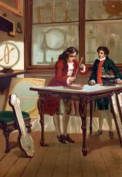 René Antoine Ferchault de Réaumur (1683-1757), französischer Chemiker und Physiker, baut sein Thermometer im Jahr 1730. Nach „La Ciencia y sus Hombres“ von Louis Figuier, Barcelona 1881