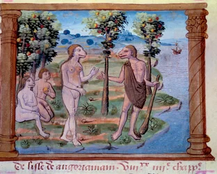 Darstellung von monströsen Kreaturen mit menschlichem Körper und Hundekopf. Miniatur aus „Geschichte der Mongolen, genannt Tartaren“