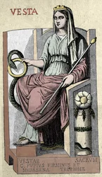 Darstellung der römischen Göttin Vesta, Gottheit der Penaten (Hestia gleichgesetzt), Göttin des Herdfeuers, des ländlichen Raumes und des Brotes