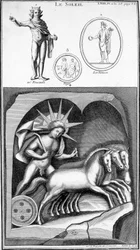 Darstellung der Sonne und Apollon. Bilder aus alten Darstellungen. Gravur 19. Jahrhundert