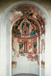 Darstellung der Jungfrau und des Kindes, umgeben von den Heiligen Drei Königen. Fresko aus der zentralen Apsis der Kirche Santa Maria in Taüll. Um 1123. Barcelona. Nationalmuseum für Kunst von Katalonien