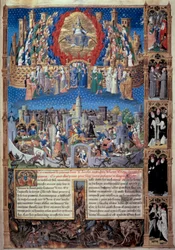 Darstellung der Stadt Gottes (himmlisch) und der Stadt der Menschen (irdisch). Miniatur aus „De civitate Dei“ („Vom Gottesstaat“) des heiligen Augustinus von Hippo (354-430), um 1480 von Raoul de Presles übersetzt. Stadtbibliothek Mâcon