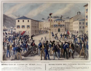 Revolution des Kantons Tessin in der Schweiz am 5. Dezember 1859. Gravur des 19. Jahrhunderts.