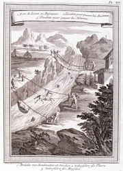 Flussüberquerung - in „Historische Reise durch Südamerika im Auftrag des Königs von Spanien“ von Don George Juan und Don Antoine de Ulloa, T.1, bei C.A. Jombert, Librairie du Roi, Paris