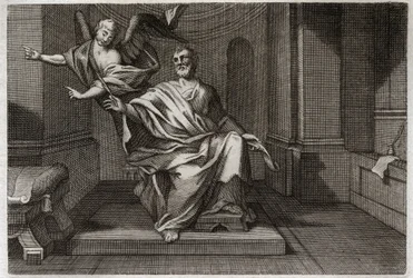 Royaumont-Bibel, Neues Testament: Der Evangelist Matthäus mit dem Engel. Illustration von 1811.