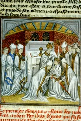 Krönung Ludwigs VI. (1108) - Illumination einer mittelalterlichen Pergamenthandschrift der „Großen Chroniken von Saint-Denis“, spätes 14. Jahrhundert (Ref. 512)