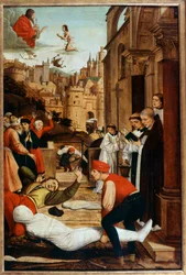 Der heilige Franziskus betet während einer Pestepidemie bei der Beerdigung von Toten. Anonymes Gemälde
