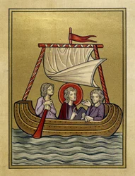 Heiliger Paulus, Heiliger Silvanus (oder Silas) und Heiliger Timotheus auf einem Boot - aus einer Miniatur