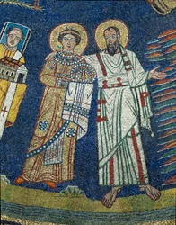 Die heilige Praxedis und der heilige Paulus (Detail). Anonymes Mosaik um 830. Triumphbogen der Basilika Santa Prassede, Rom