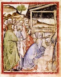 Sarahs Tod im Alter von 127 Jahren. Miniatur aus Codex 212 (oder Padovano oder Bibel von Padua) 1390-1400
