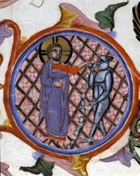 Exorzismusszene. Miniatur aus dem 14. Jahrhundert. Biblioteca Nazionale Braidense. Mailand