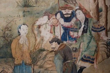 Szenen des Alltagslebens in China, Detail der chinesischen Tapete, chinesisches Kabinett, Jagdresidenz, von Filippo Juvarra (1678-1736), Stupinigi, Piemont, Italien