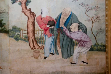 Szenen aus dem Alltagsleben in China, Detail der chinesischen Tapete, chinesisches Kabinett, Jagdresidenz, von Filippo Juvarra (1678-1736), Stupinigi, Piemont, Italien