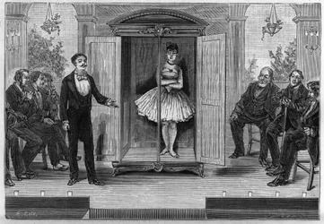 Wissenschaftliche Shows: Verschwundener Schrank, in dem die Person, die sich darin einschließt, sofort verschwindet. Gravur in "La Nature"