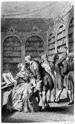 Verführungsszene in einer Bibliothek im 18. Jahrhundert