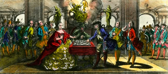 Siebenjähriger Krieg: Allegorie, die Maria Theresia von Österreich (1717-1780) und Friedrich von Preußen (1712-1786) beim Schachspielen darstellt. Gravur des 18. Jahrhunderts, Privatbesitz