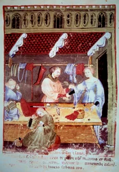 Laden und Nähwerkstatt. Illustration aus dem Tacuinum sanitatis