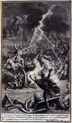 Seit der Kampf wieder begonnen hatte, hatten die Griechen den Vorteil, Jupiter ließ seinen Donner zu Füßen der Pferde von Diomedes fallen; und Nestor, der ihn begleitete, war so erschreckend, dass er ihn zwang, das Schlachtfeld zu verlassen, das die Trojan