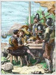 Sir Walter Raleigh in Trinidad, Informationen von spanischen Soldaten über Guiana einholend, 1595 (Expedition von Walter Raleigh)