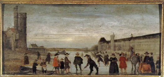 Schlittschuhläufer auf der Seine im Jahr 1608, um 1608