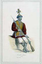 Soldat in Cochinchine-Rüstung - in "Die verschiedenen Völker der Erde" von Abt Paul Jonhanneaud, Librairie des Bons livres