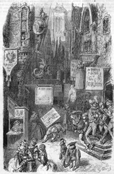 Straßenszene im Mittelalter. Gravur des 19. Jahrhunderts.