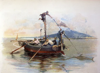 Schwertfischfang mit Harpunen in der Straße von Messina auf Sizilien, 1898